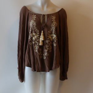NWT TINA DEMEL BROWN EMBROIDERED BLOUSE TOP SZ S *